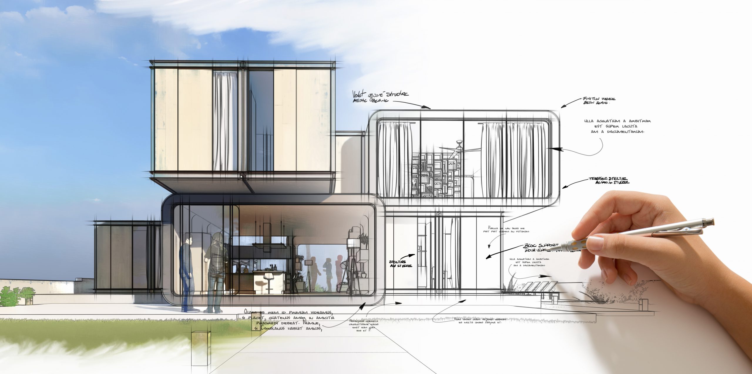 3D rendering of the architecture creative process, from hand drafting to ended project